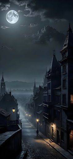 a dark city street at night with a full moon in the sky and buildings on either side