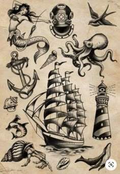 an old school tattoo design with sea animals and ships on it's back side