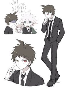 an anime character with black hair wearing a suit and tie, standing next to another character