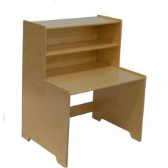 a wooden desk with a book shelf on the top and one drawer open to show it's contents