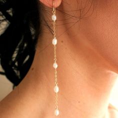 Pearl Tendril extra long dainty simple pearl earring shoulder duster bridal wedding jewelry minimal White Pearl Drop Threader Earrings, Delicate Pearl Chain Dangle Earrings, Adjustable Dangle Pearl Earrings With Pearl Chain, Adjustable Dainty Pearl Earrings, Dainty Pearl Charm Dangle Threader Earrings, Dainty Dangle Threader Earrings With Pearl Charm, Adjustable Dangle Pearl Chain Earrings, Delicate Drop Earrings With Ear Wire, Delicate 14k Gold Filled Threader Earrings