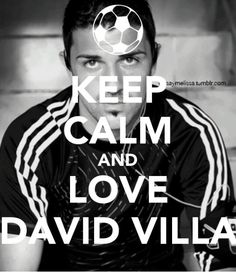 a man is sitting down with a soccer ball on his head and the words keep calm and love david villa