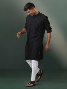 SHVAAS By VASTRAMAY Men's Black Hakooba Cotton Kurta With White Pant Experience the epitome of comfort and style with the SHVAAS By VASTRAMAY Men's Black Hakooba Cotton Kurta paired with White Pant. Crafted from premium cotton, this kurta ensures breathability and durability. Elevate your ethnic wardrobe with this versatile ensemble, perfect for festive occasions or casual outings. Features: Classic black kurta with intricate Hakooba design Comes with a contrasting white pant for a stylish look Black Kurta Men, Kurta Styling, Kurta Ideas, Kurta Pattern, Black Kurta, White Pant, Kurta Patterns, Interior Ceiling, Kurta Men