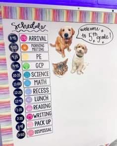 a bulletin board with pictures of dogs and cats on it's side, along with stickers