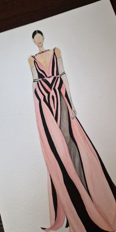 a drawing of a woman in a pink dress with black and white stripes on it