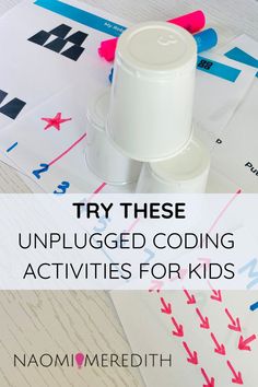 the words try these unplugged codeing activities for kids are shown in red, white and blue