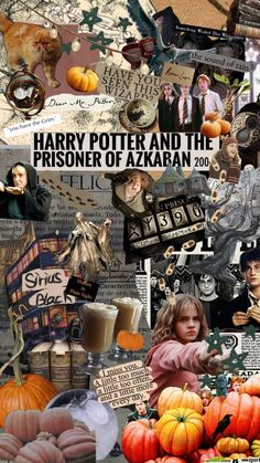 harry potter and the prisoner of azkraran collage with pumpkins, books, cats, hogwarts