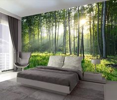 a bedroom with a large wall mural in the background