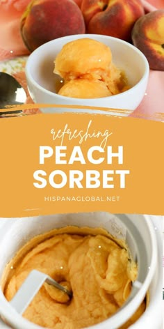 peach sorbet in a white bowl on a pink tablecloth with spoons