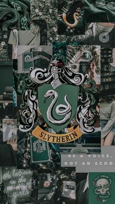 collage of slytheran crests and other items in green, white, black and grey