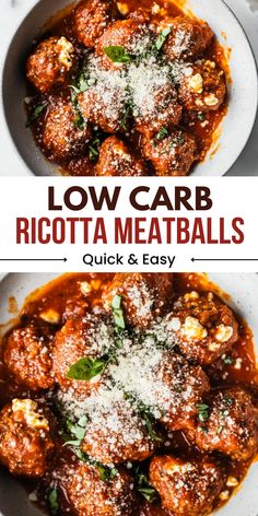 low carb ricotta meatballs in a white bowl with parmesan cheese on top