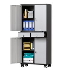 two metal storage cabinets with files and folders