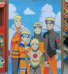 a clipboard with an image of naruto and other characters on it next to colored crayons