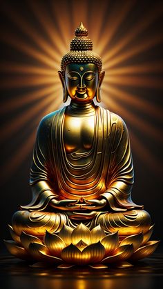 a golden buddha statue sitting in the middle of a dark room with light coming from behind it