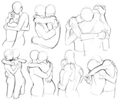 several sketches of people hugging each other in different positions, with one person holding the other