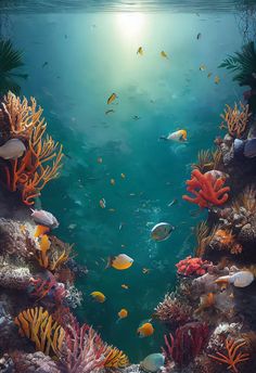 an underwater scene with fish and corals