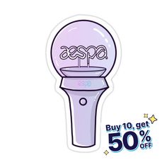 a purple sticker with the words, buy 10 get 50 % off on it