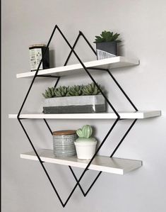 three shelves with plants and succulents on them