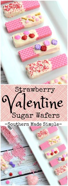 strawberry valentine's sugar wafers are arranged on a white plate