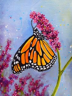 a painting of a monarch butterfly on a pink flower with blue sky in the background