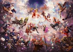 anime characters are flying through the sky in an artistic manner with clouds and stars around them