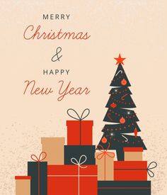 merry christmas and happy new year greeting card with gift boxes, tree and stars on beige background