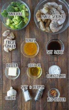 the ingredients to make broccoli soup on a wooden table