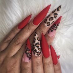 Red And Black Cheetah Print Nails, Red Animal Print Nails, Nail Designs Leopard Print, Red Leopard Print Nails, Red Cheetah Nails, Leopard Nail Designs, Stilleto Nails Designs, Cheetah Print Nails, Cheetah Nails