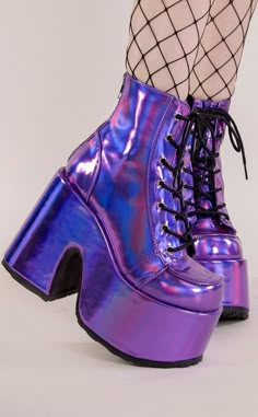 The Camel series is the ultimate chunky platform boot. Whether you're looking to make a statement, or just a new staple, your wardrobe will love these babies! Vegan Purple Holographic 5 inch heel 3 inch platform Lace up Rear zipper US women's sizing: refer to size chart for more info. Hak Tinggi, Gothic Boots, Purple Boots, Goth Shoes, Goth Boots, Platform Boots Chunky, Gothic Shoes, Cute Shoes Heels, Kawaii Shoes