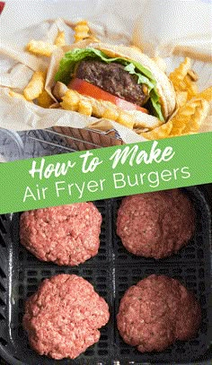 how to make air fryer burgers with hamburger buns and fries in the background