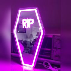 Nib Purple Neon Led Lighted Coffin Shaped Mirror Rip Dimmer Switch Usb Power Cable Measures 13x7.7" Neon Mirror, Purple Neon, Shaped Mirror, Mirror Color, Mini Houses, Mini House, Dimmer Switch, Tombstone, My Dream House