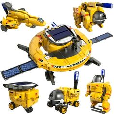 an image of a yellow robot toy with various parts on it's back and sides