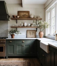 the kitchen is clean and ready for us to use it's green cabinetry