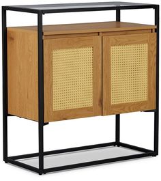 a wooden cabinet with metal frame and wicker doors on the front, against a white background