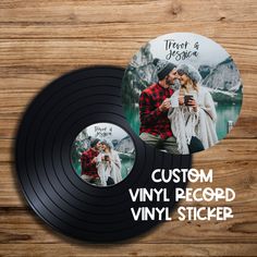 a vinyl record with an image of a couple holding each other and the words, custom vinyl record vinyl sticker