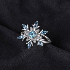 Snowflake Ring, Blue Engagement Ring, Flower Engagement Ring, Women Christmas, Zircon Ring, Silver Engagement Rings, Fashion Ring, Blue Zircon, Size 10 Rings