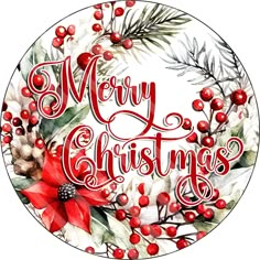 a merry christmas wreath with holly berries and poinsettis in red lettering on a white background