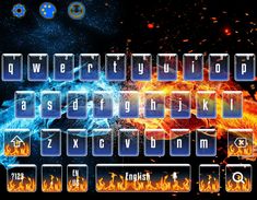 a keyboard with fire and blue flames on it