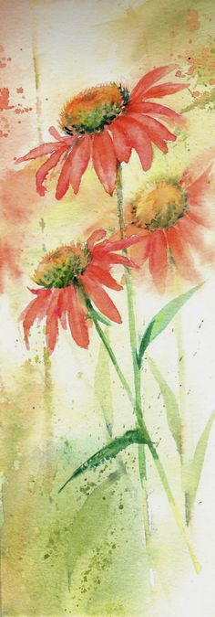 watercolor painting of two red flowers on a white and yellow background with green leaves