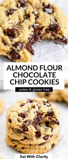 chocolate chip cookies with text overlay that says, almond flour chocolate chip cookies eat with clarify