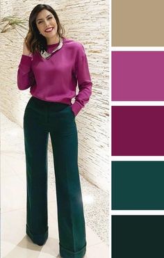 Business Casual Outfits For Women Bright Colors, Emerald Green Pants Outfit Color Combos, Hunter Green Pants Outfit, Forest Green Pants Outfit, Colorful Office Outfits, Purple Pants Outfit, Fall Outfit Ideas For Women, Women Fall Outfits, Green Pants Outfit