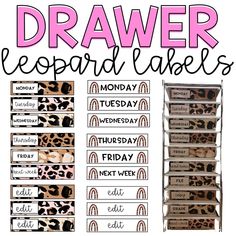 drawer labels with leopard print on them and the words drawer cheetah lakes