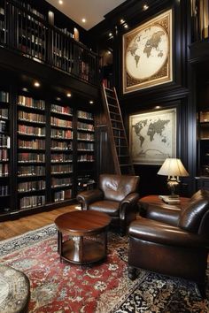 a living room filled with lots of furniture and bookshelves full of bookcases