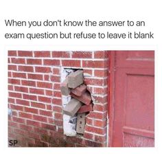 a brick wall with a hole in it that says, when you don't know the answer to an exam question but refuse to leave it blank