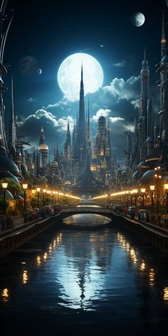 an image of a fantasy city by the water at night with full moon and stars