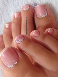 French Pedicure With Diamonds, Feet Extension Design, Feet Extension Nail Art, French Toes With Rhinestones, Bride Pedicure Wedding Day, Pedicure With Gems, Pearl Pedicure, Toe Nail Extensions, Trendy Toe Nails