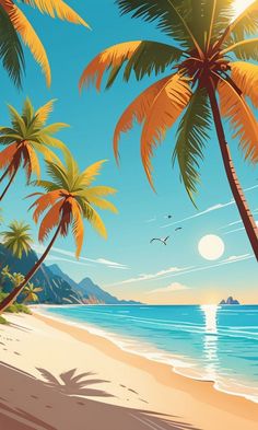 an image of a tropical beach scene with palm trees and the sun in the sky