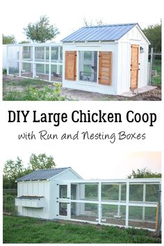 chicken coop with run and nesting boxes in the back yard is an easy diy project