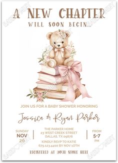 a baby shower is shown with a teddy bear on top of books and pink ribbon