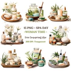 various spa products displayed on wooden trays with text that reads 15 png - spa day